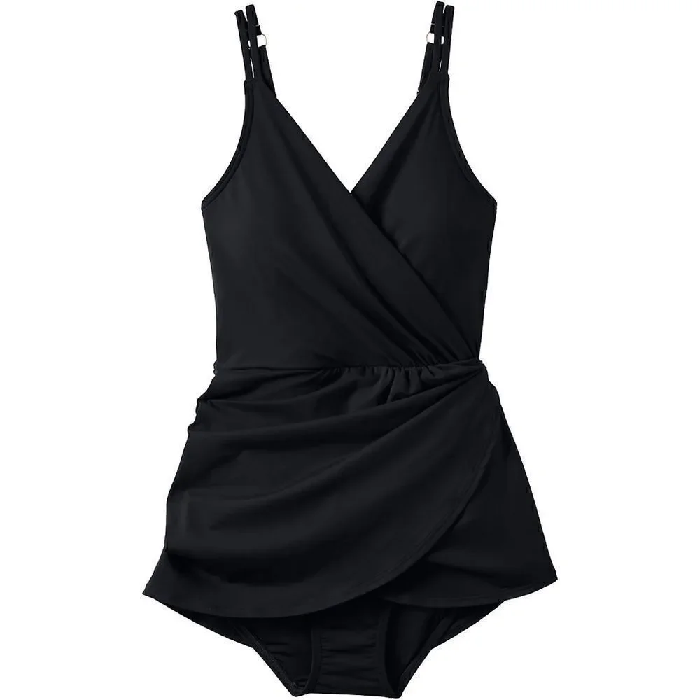 Land’s End plus size tulip wrap 1 piece swimsuit adjustable soft cup black L